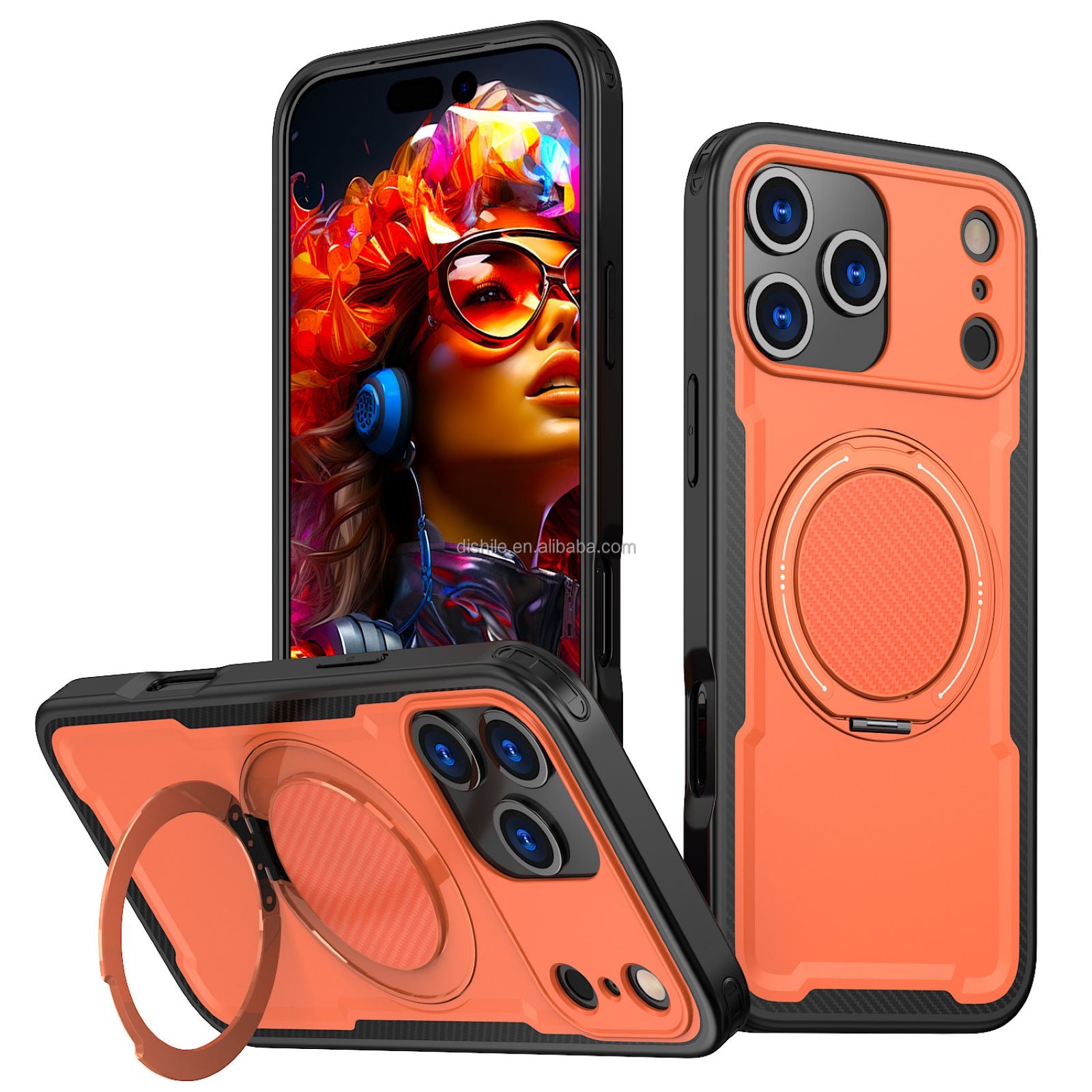 Magnetic Case for iPhone 17 Pro Max, Military Grade Armor Style Shockproof Cover with Sliding Camera Protection, MagSafe Compatible, 360° Rotating Ring Stand, Anti-Scratch Heavy Duty Protective Phone Case Double Layered case TPU+PC (Orange)