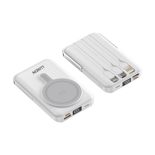 LUXEIN Magnetic Power Bank 10000mAh – Strong Magnet, Wireless Charging, Built-in Cables & Bracket Stand Snap On. Stand Up. Power Anywhere.