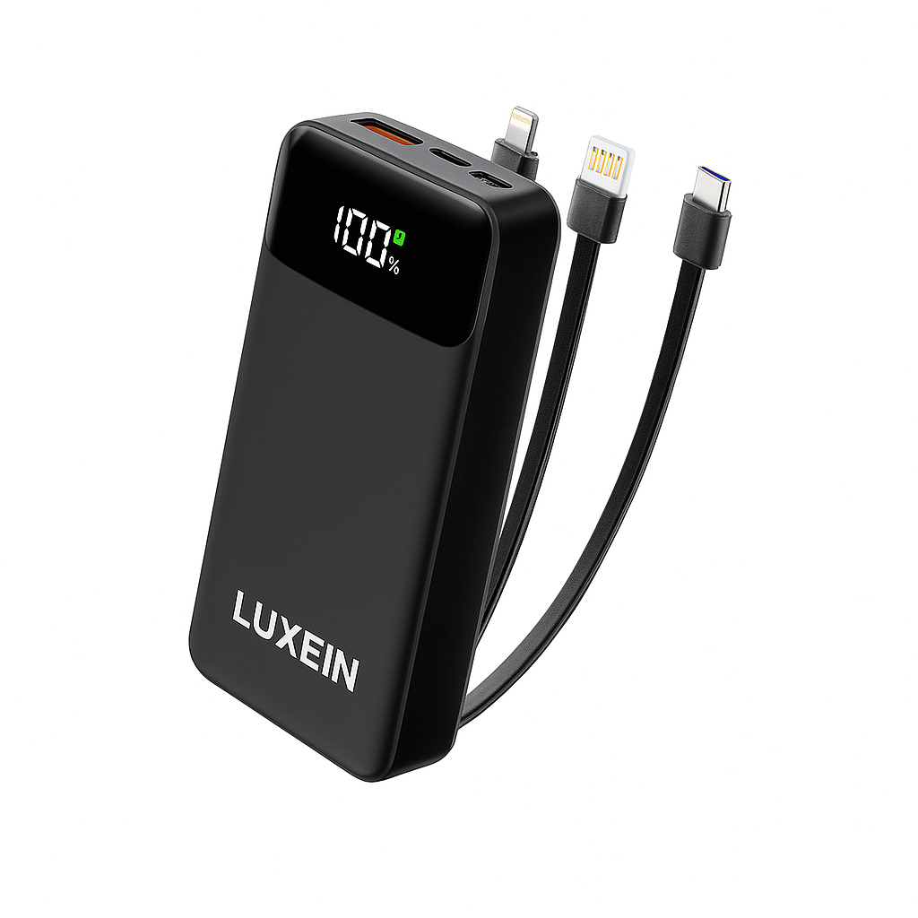 LUXEIN 20000mAh Fast Charging Power Bank – Built-in Cables, 22.5W Output, Laptop Compatible, Digital Display  One Power Bank. Total Charging Solution.