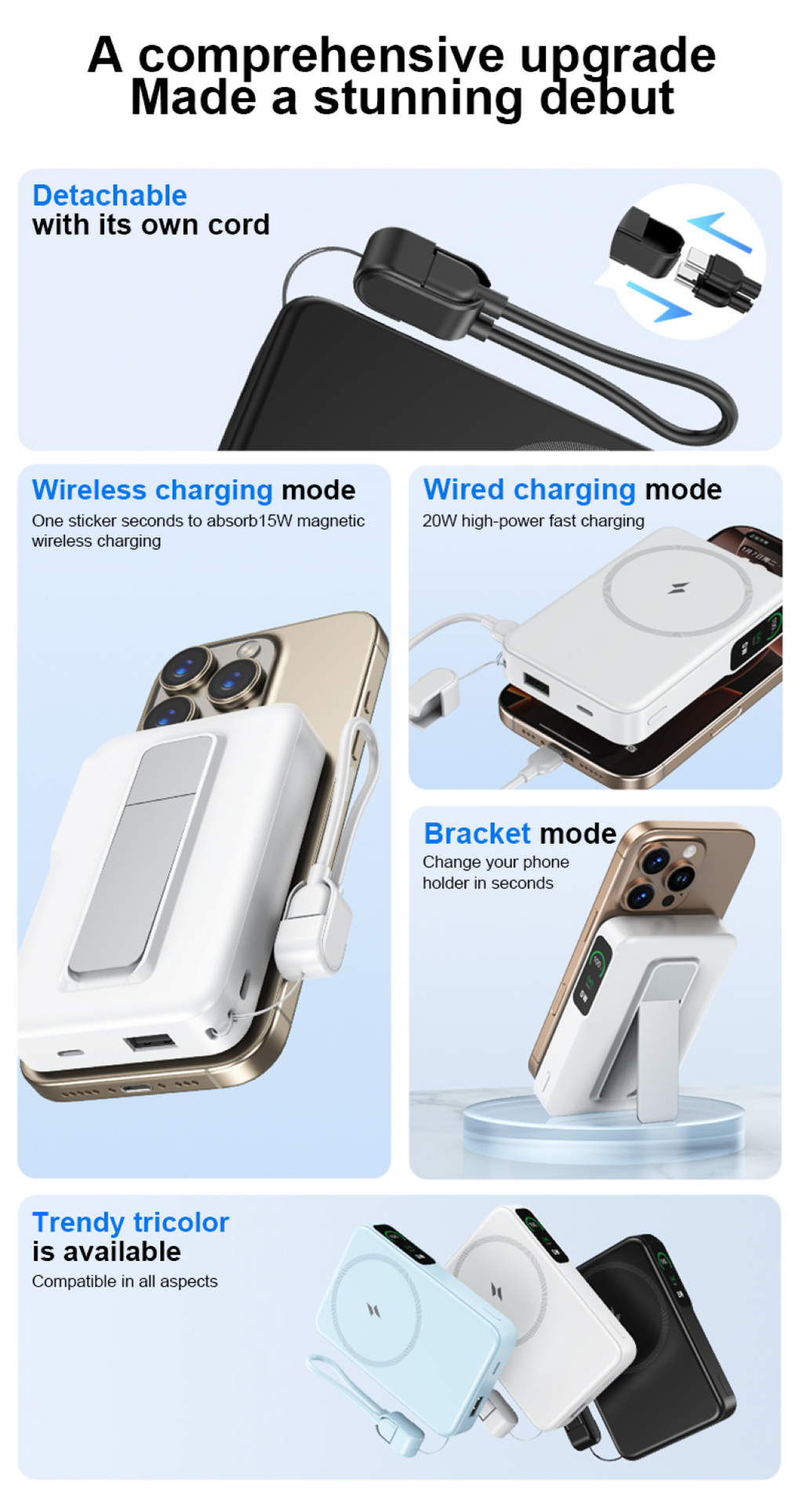 10000mAh Magnetic Wireless Power Bank – 20W Fast Charging, 15W Wireless, Metal Stand &amp; Lanyard Cable