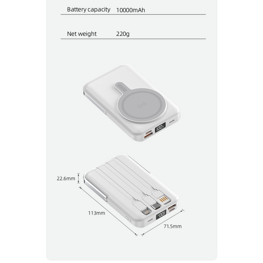 LUXEIN Magnetic Power Bank 10000mAh – Strong Magnet, Wireless Charging, Built-in Cables & Bracket Stand Snap On. Stand Up. Power Anywhere.