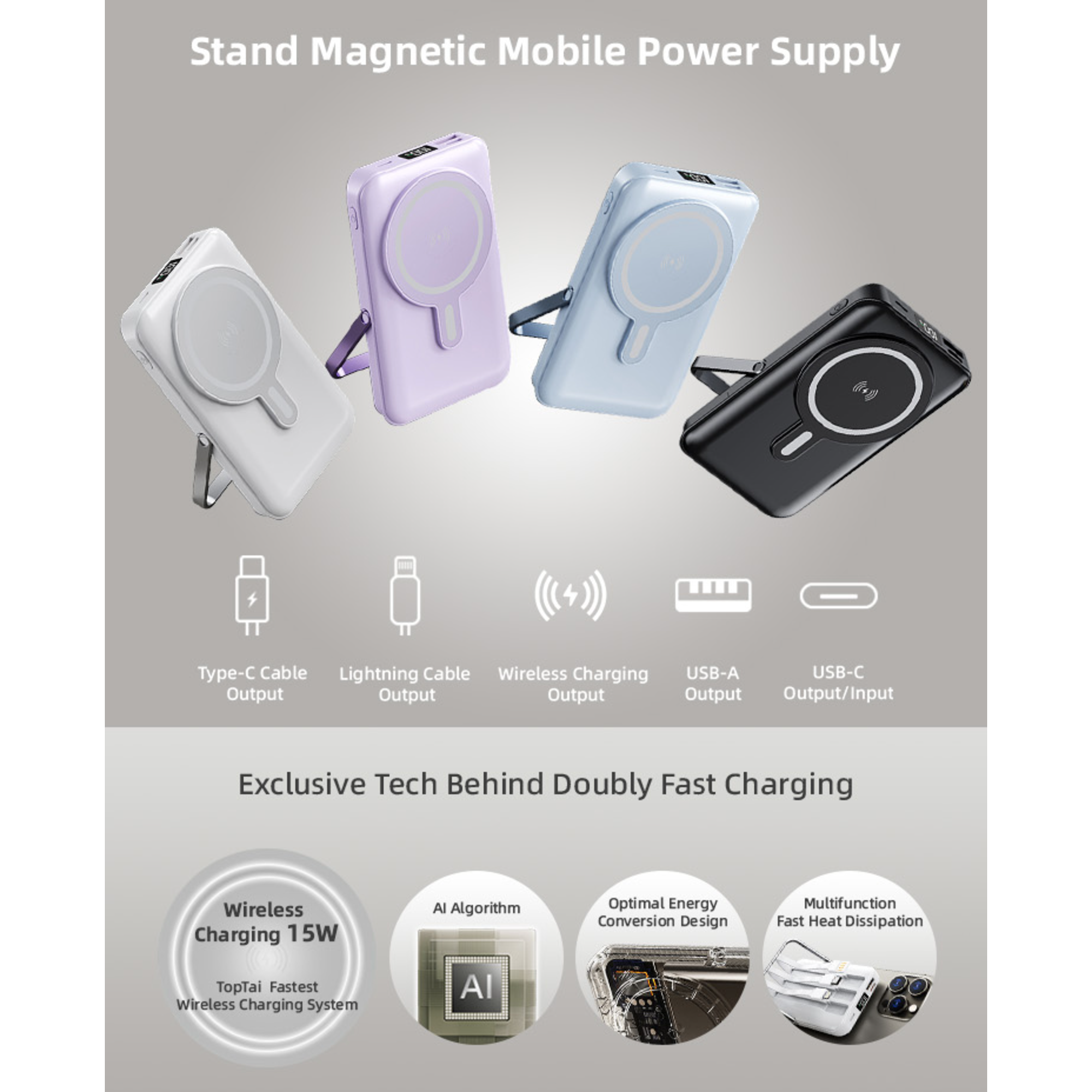 LUXEIN Magnetic Power Bank 10000mAh – Strong Magnet, Wireless Charging, Built-in Cables & Bracket Stand Snap On. Stand Up. Power Anywhere.