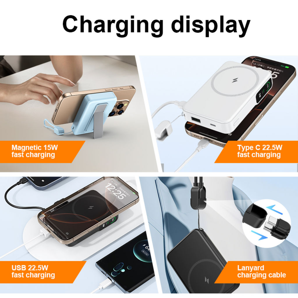 10000mAh Magnetic Wireless Power Bank – 20W Fast Charging, 15W Wireless, Metal Stand &amp; Lanyard Cable