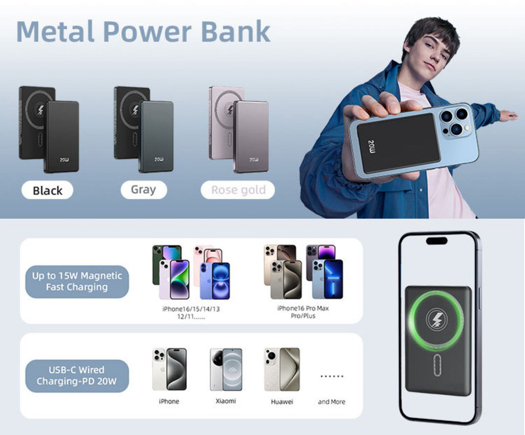 LUXEIN Magnetic Power Bank – 10000mAh, 20W Fast Charging, Super slim, Strong Magnet, Aluminum Alloy Body Snap. Charge. Go.