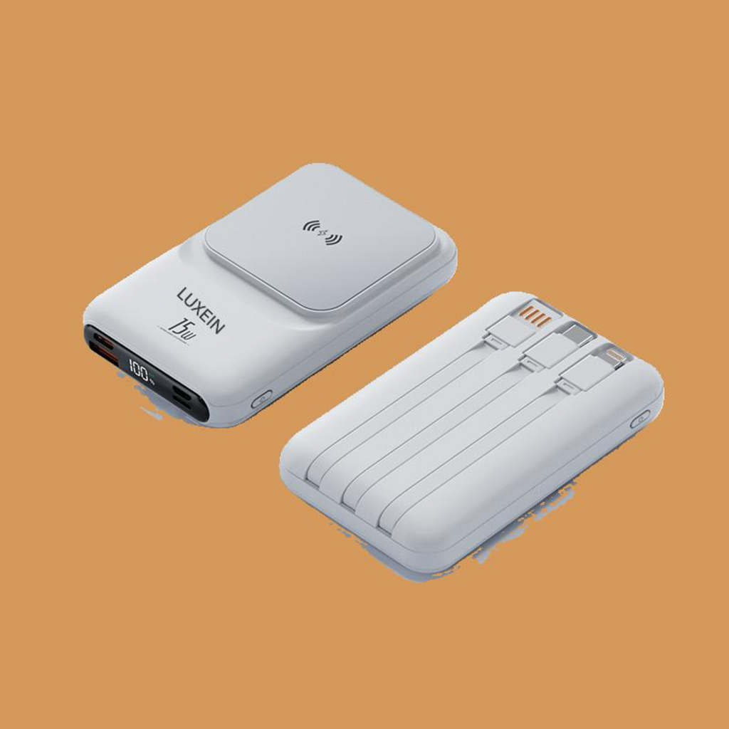 LUXEIN 10000mAh Power Bank – 22.5W Fast Charge + 15W Wireless, 3 Built-in Cables, LED Display One Power Bank. Zero Extra Cables. Total Convenience.