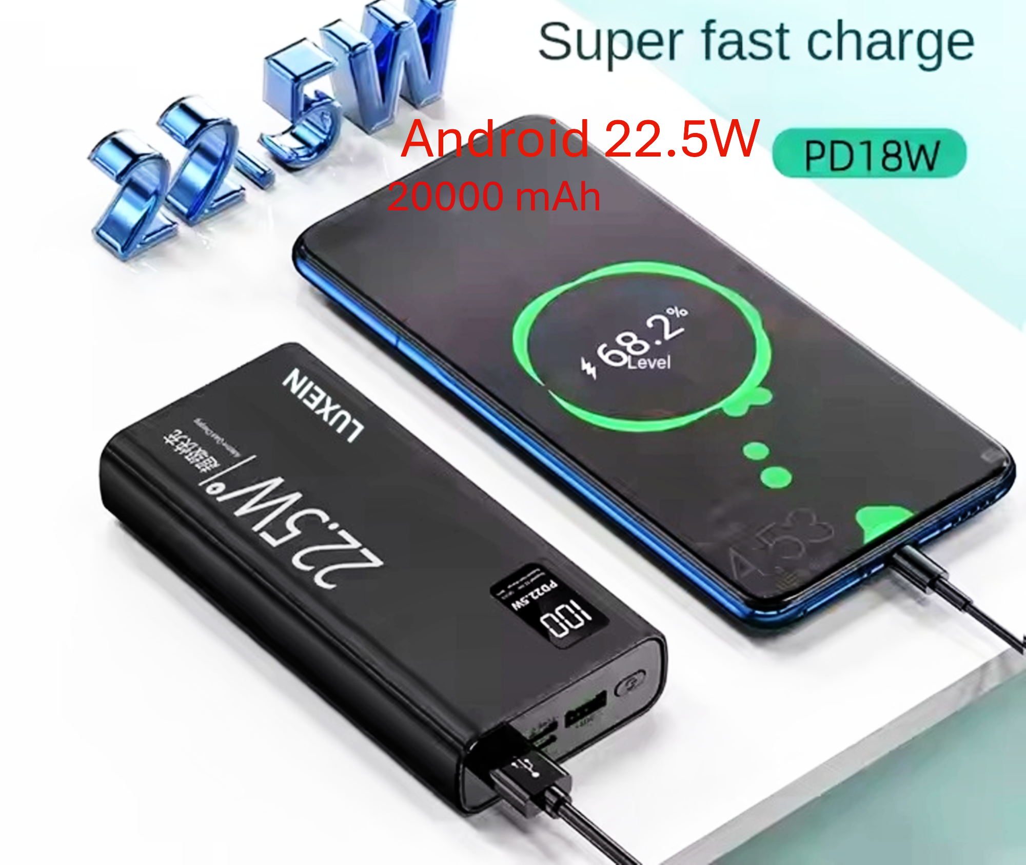 LUXEIN 20000mAh Power Bank | 22.5W Fast Charging | 3 Ports (2x USB-A + 1x USB-C) | Portable External Battery(Black)