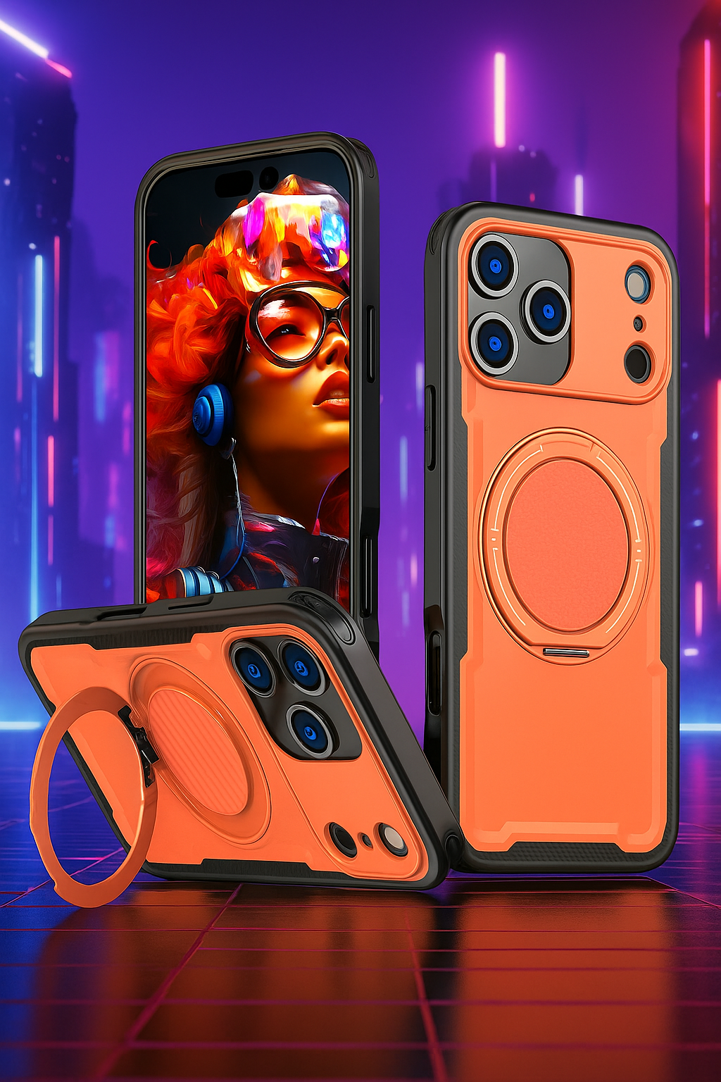 Magnetic Case for iPhone 17 Pro Max, Military Grade Armor Style Shockproof Cover with Sliding Camera Protection, MagSafe Compatible, 360° Rotating Ring Stand, Anti-Scratch Heavy Duty Protective Phone Case Double Layered case TPU+PC (Orange)