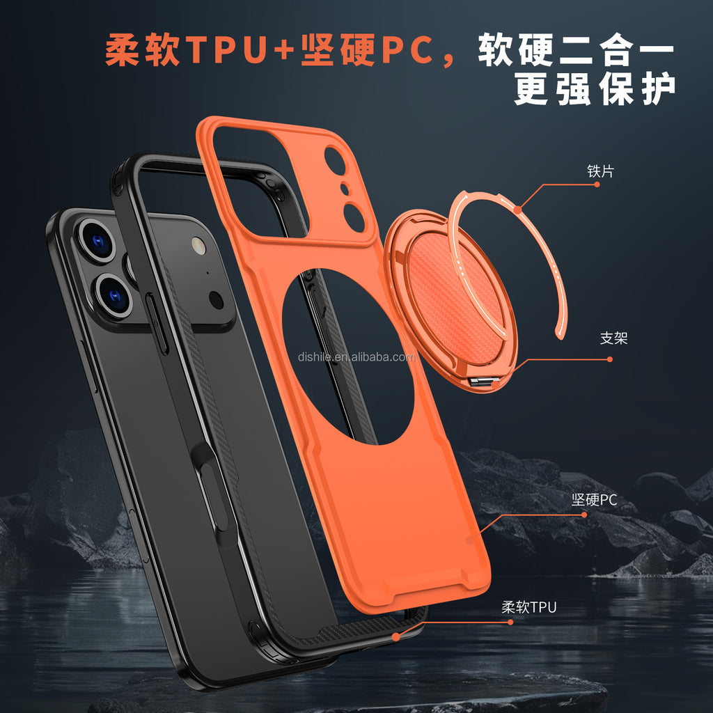 Magnetic Case for iPhone 17 Pro Max, Military Grade Armor Style Shockproof Cover with Sliding Camera Protection, MagSafe Compatible, 360° Rotating Ring Stand, Anti-Scratch Heavy Duty Protective Phone Case Double Layered case TPU+PC (Orange)