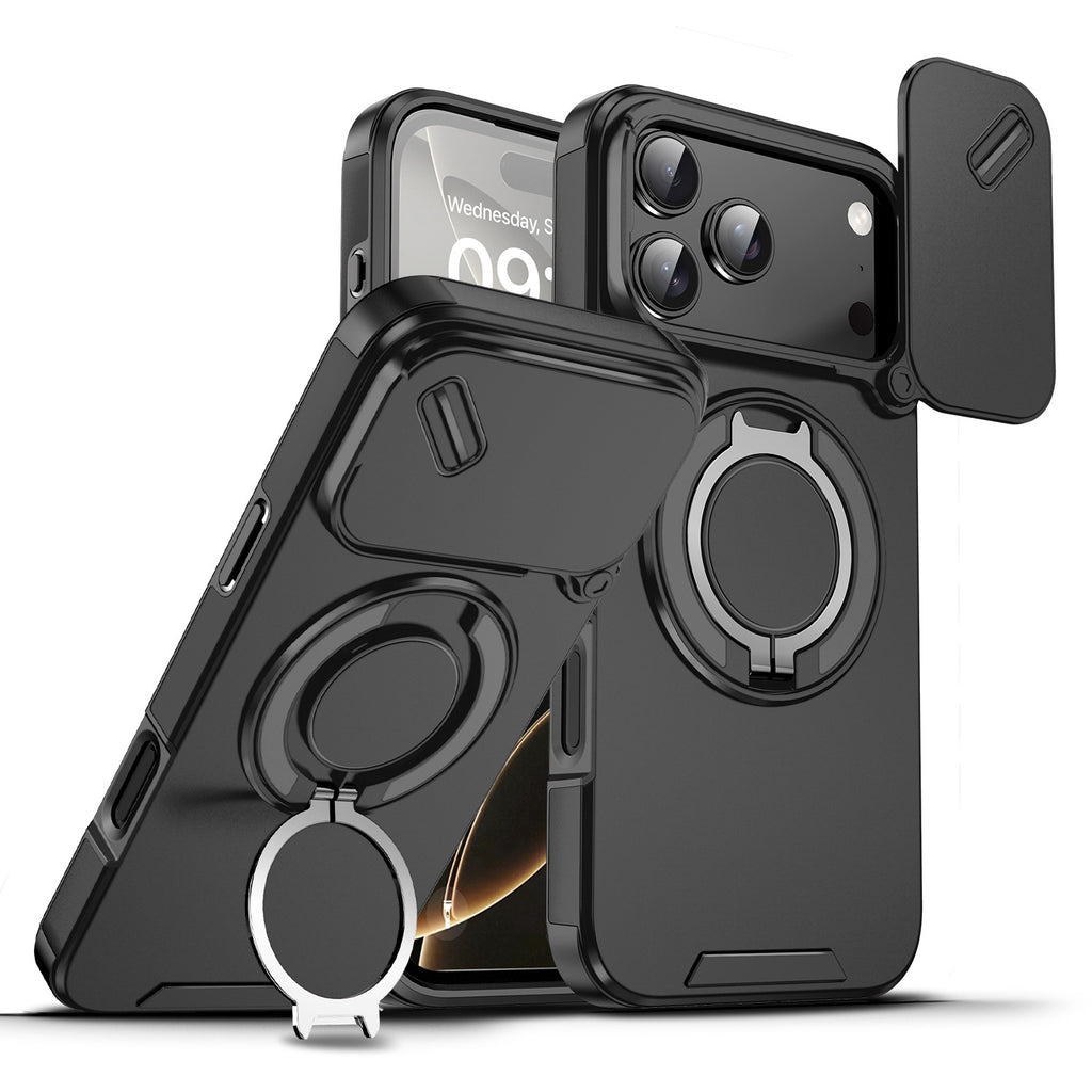 Magnetic Case for iPhone 17 Pro Max, Military Grade Armor Style Shockproof Cover with Sliding Camera Protection, MagSafe Compatible, 360° Rotating Ring Stand, Anti-Scratch Heavy Duty Protective Phone Case