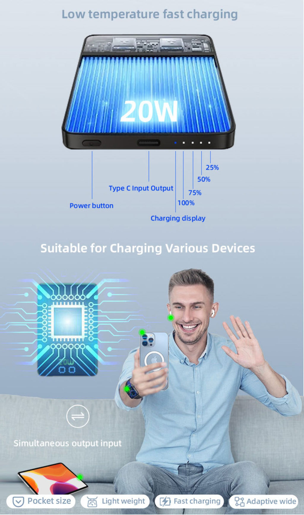 LUXEIN Magnetic Power Bank – 10000mAh, 20W Fast Charging, Super slim, Strong Magnet, Aluminum Alloy Body Snap. Charge. Go.