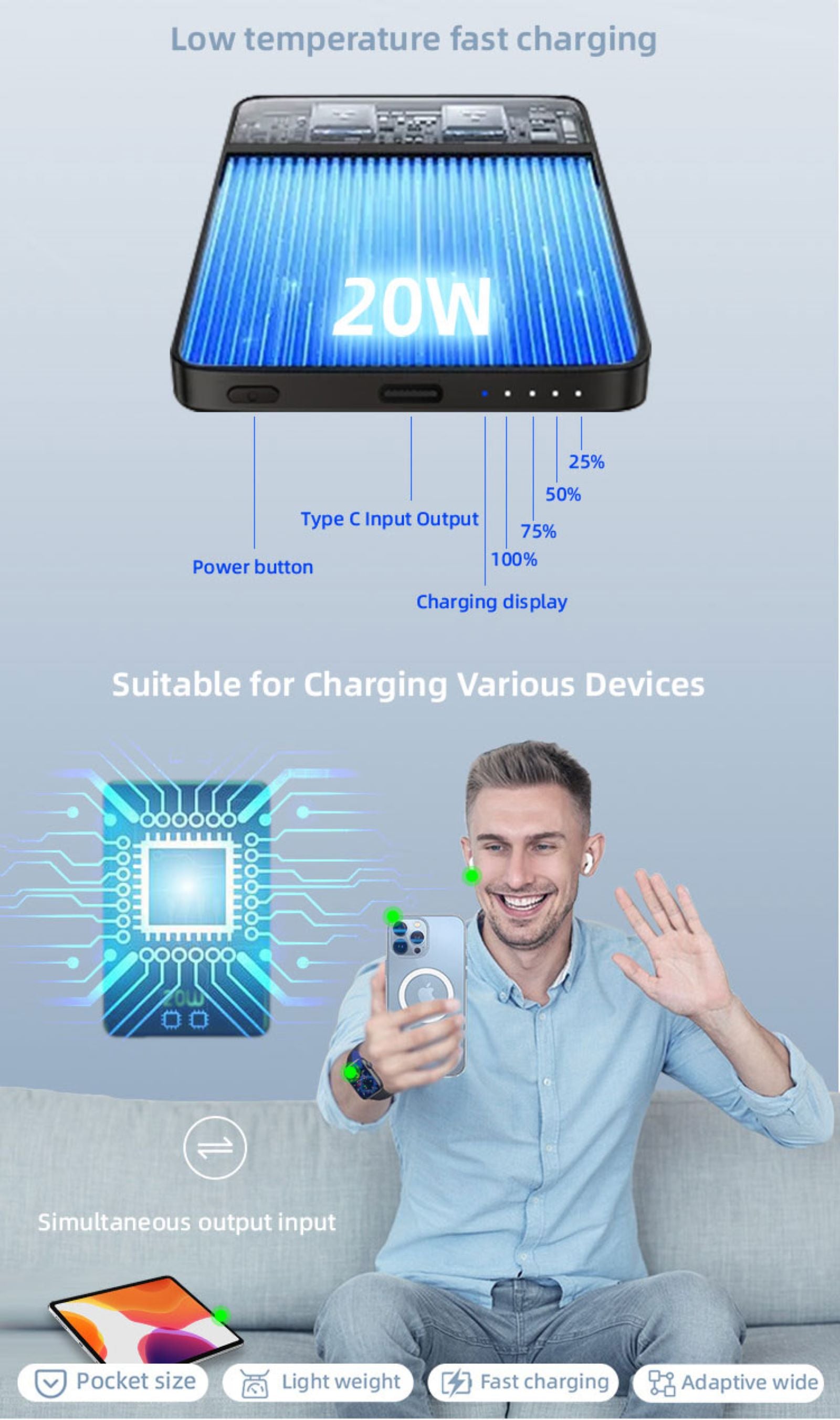 LUXEIN Magnetic Power Bank – 10000mAh, 20W Fast Charging, Super slim, Strong Magnet, Aluminum Alloy Body Snap. Charge. Go.