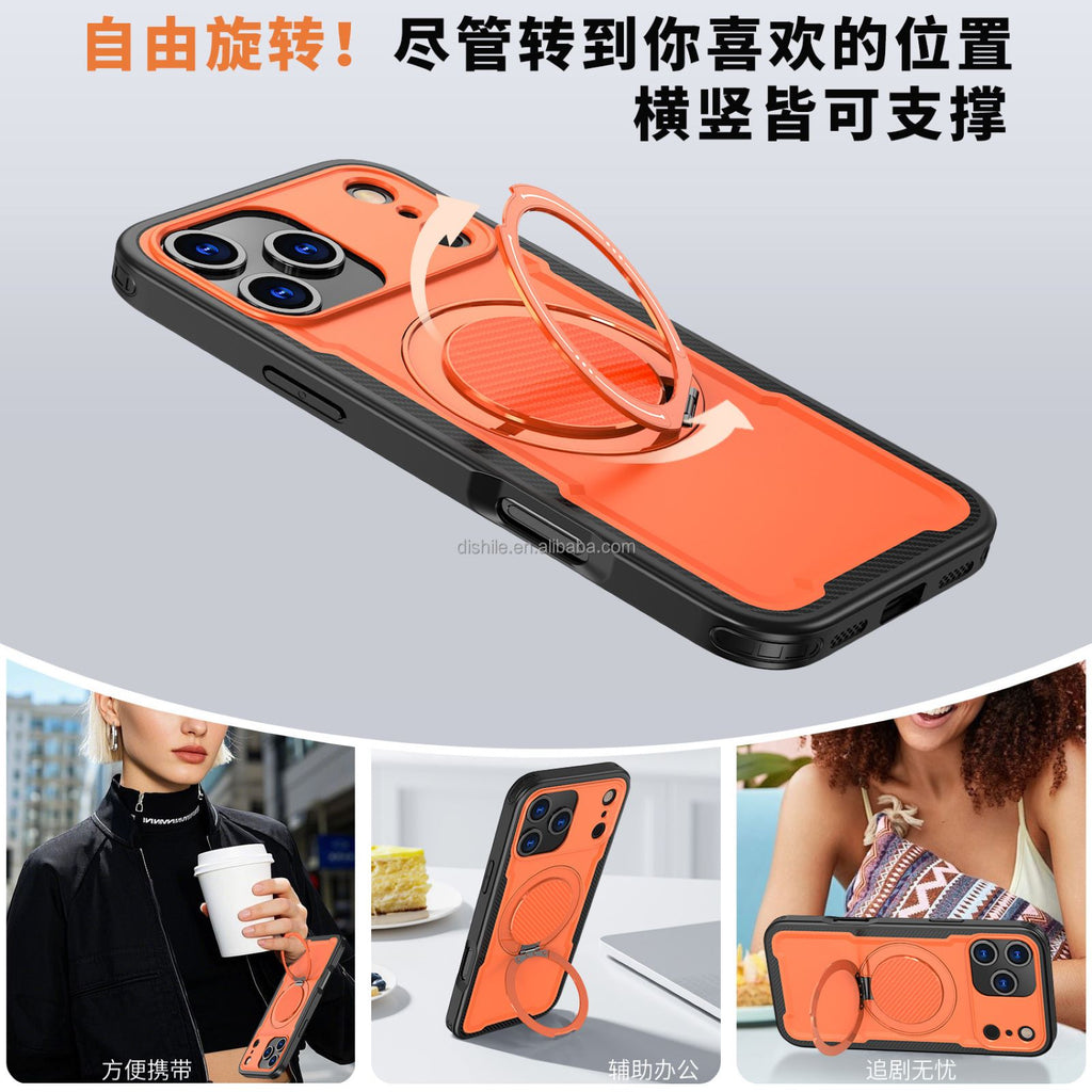 Magnetic Case for iPhone 17 Pro Max, Military Grade Armor Style Shockproof Cover with Sliding Camera Protection, MagSafe Compatible, 360° Rotating Ring Stand, Anti-Scratch Heavy Duty Protective Phone Case Double Layered case TPU+PC (Orange)