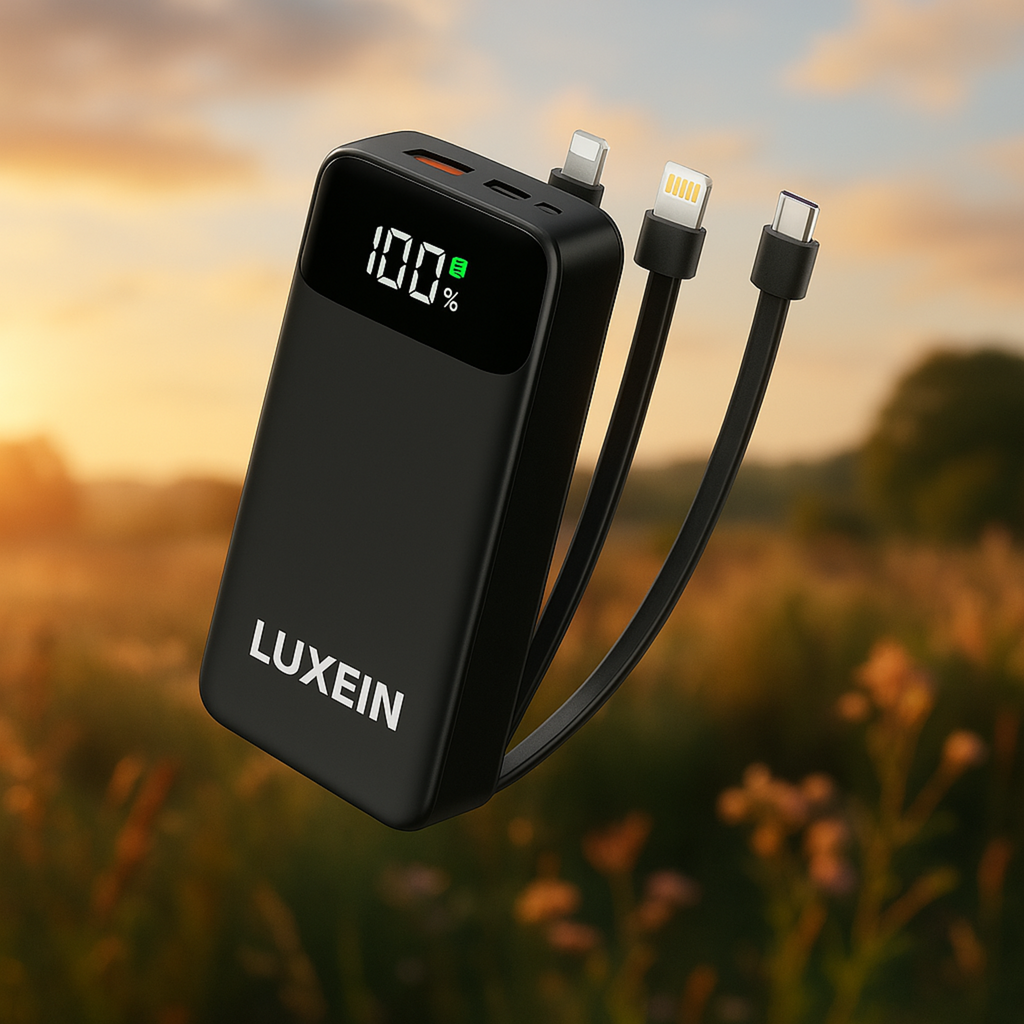 LUXEIN 20000mAh Fast Charging Power Bank – Built-in Cables, 22.5W Output, Laptop Compatible, Digital Display  One Power Bank. Total Charging Solution.