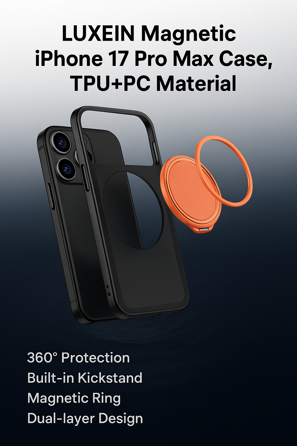 Magnetic Case for iPhone 17 Pro Max, Military Grade Armor Style Shockproof Cover with Sliding Camera Protection, MagSafe Compatible, 360° Rotating Ring Stand, Anti-Scratch Heavy Duty Protective Phone Case Double Layered case TPU+PC (Orange)