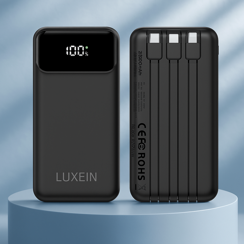 LUXEIN 20000mAh Fast Charging Power Bank – Built-in Cables, 22.5W Output, Laptop Compatible, Digital Display  One Power Bank. Total Charging Solution.