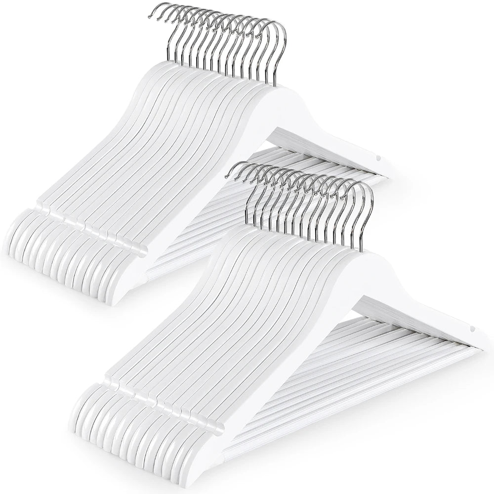 Premium Wooden Hangers – Heavy Duty White Clothes Hangers with 360° Rotating Chrome Hook(pack of 10)