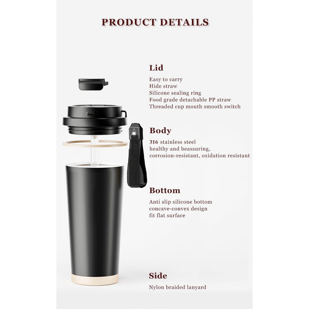 LUXEIN Travel Coffee Mug 500ml – Premium Insulated Stainless Steel Tumbler (Black)  Double Wall Vacuum | Hidden Straw | Triple Drinking Modes | Leakproof Lid | Hot & Cold Thermal Cup