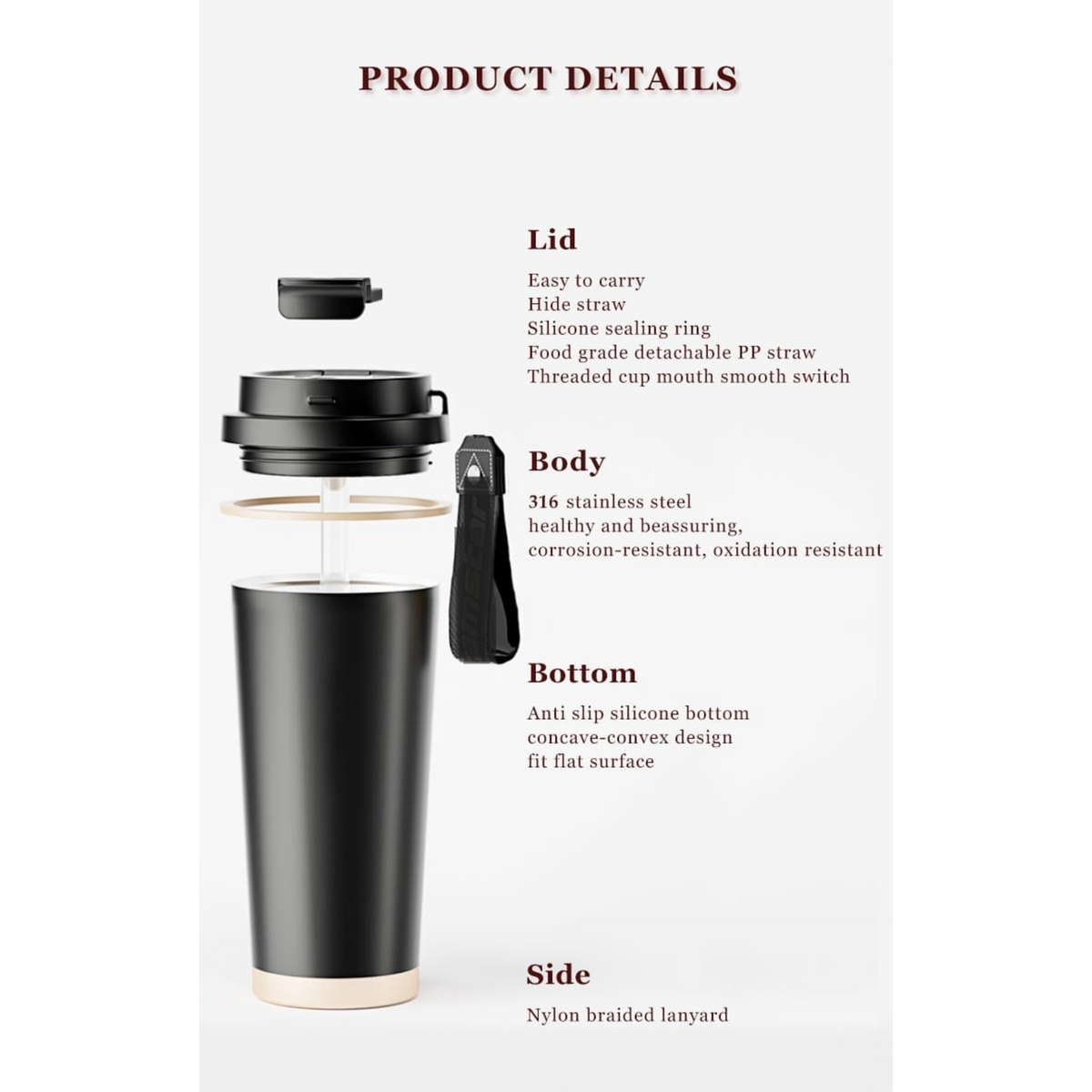 LUXEIN Travel Coffee Mug 500ml – Premium Insulated Stainless Steel Tumbler (Black)  Double Wall Vacuum | Hidden Straw | Triple Drinking Modes | Leakproof Lid | Hot & Cold Thermal Cup