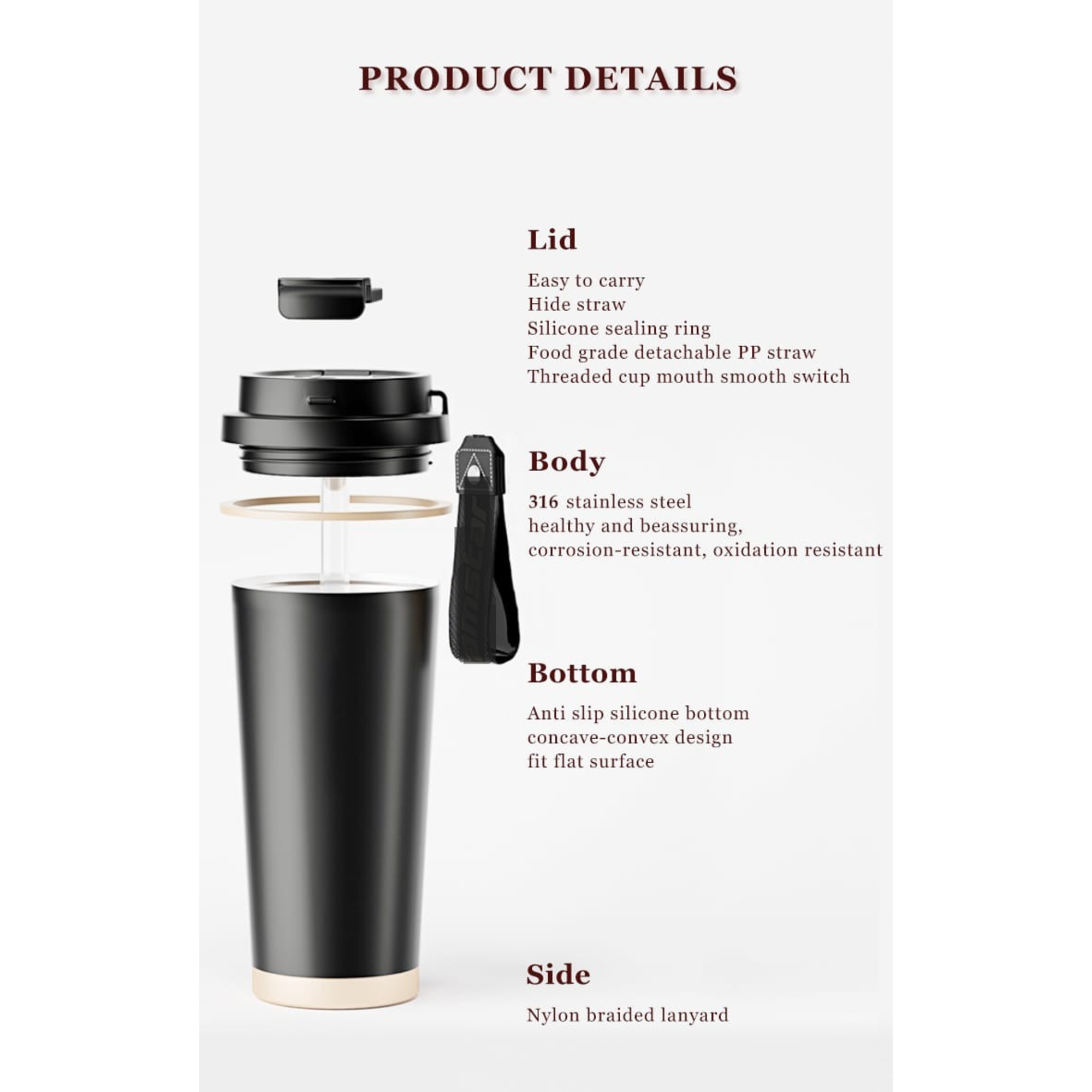 LUXEIN Travel Coffee Mug 500ml – Premium Insulated Stainless Steel Tumbler (Black)  Double Wall Vacuum | Hidden Straw | Triple Drinking Modes | Leakproof Lid | Hot & Cold Thermal Cup