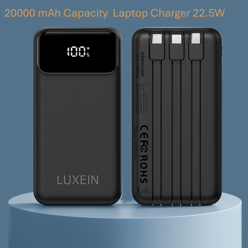 LUXEIN 20000mAh Fast Charging Power Bank – Built-in Cables, 22.5W Output, Laptop Compatible, Digital Display  One Power Bank. Total Charging Solution.